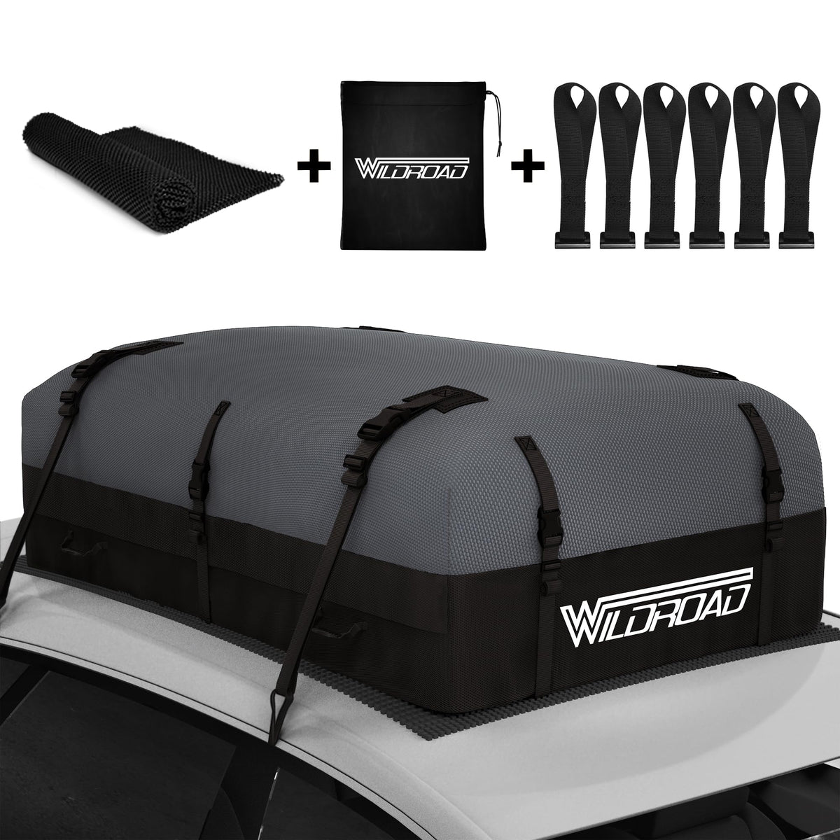 Rooftop Cargo Carrier Bag, WILDROAD 21 Cubic Feet 600D Ultra Anti-Tear Fabric Waterproof Car Roof Bag, Soft-Shell Roof Bag with Storage Bag, Anti-Slip Mat and 6 Door Hooks Fits Car with/Without Racks