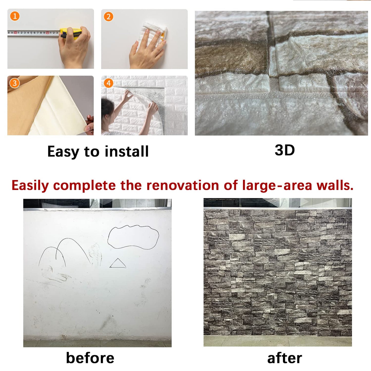 10PCS 3D Wall Panels Peel and Stick Foam 3D Brick Wallpaper Peel and Stick Faux Stone Wall Panel Self-Adhesive Wallpaper (10PCS, Rock Color)
