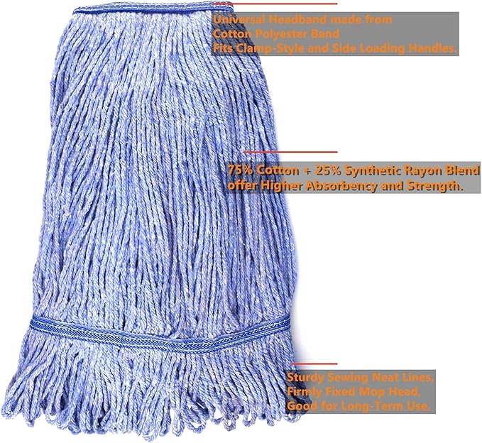 String Mop Heads Replacement Heavy Duty Commercial Grade Blue Cotton Looped End Wet Industrial Cleaning Mop Head Refills (3, Large)