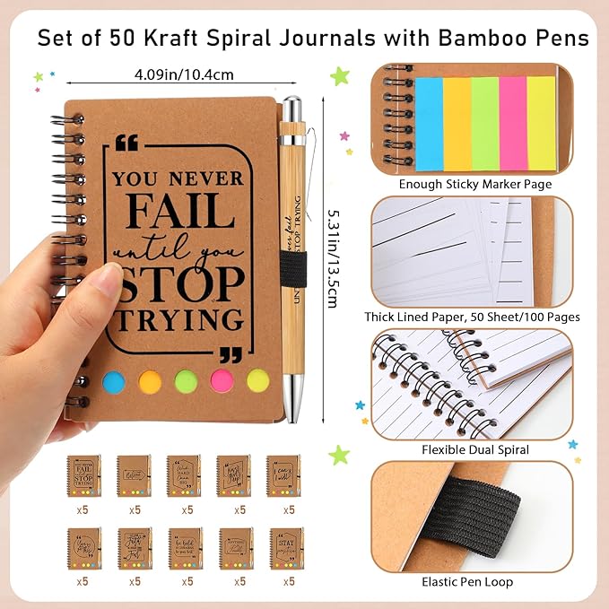 Tenceur Back to School Inspirational Gifts Bulk Employee Appreciation Spiral Notebook with Journals Sticky Note Pen Motivational Thank You Gifts for Teacher Students Team Coworkers Staff(50 Sets)