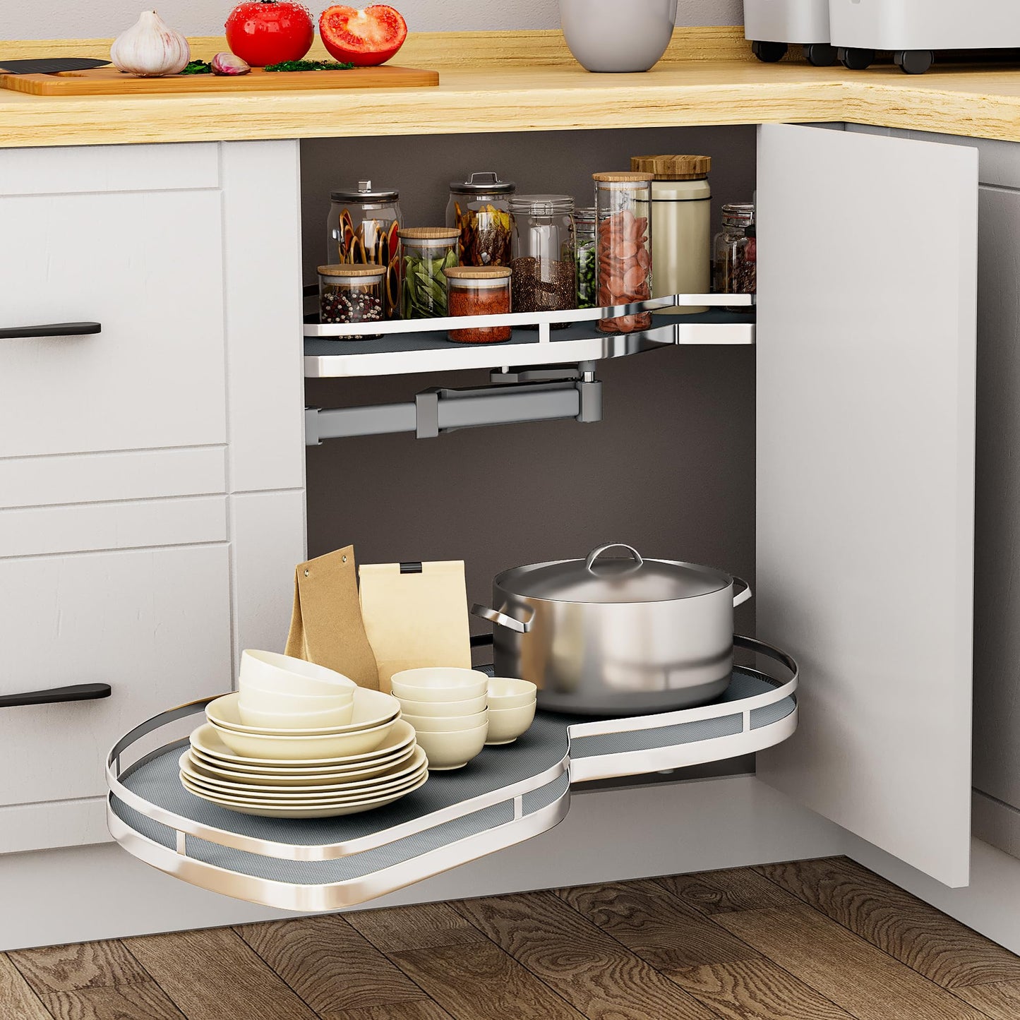 YITAHOME 32" Blind Corner Pull-Out Organizer, Soft-Close Swing-Out 2-Tier Height-Adjustable Lazy Susan, Left Swing Pull Out Organizer, Gray