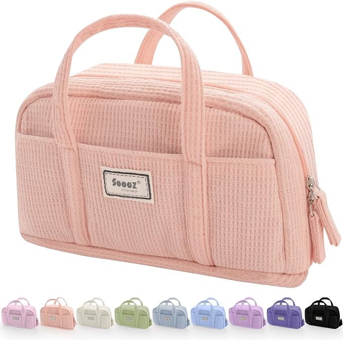 Sooez Large Pencil Case Pouch, Extra Big Pencil Bag with 5 Compartments, Pen Bag Wide Opening, Soft Waffle Pencil Pouch Organizer with Zipper, Cute Aesthetic School Supplies for Teen Girls-Coral