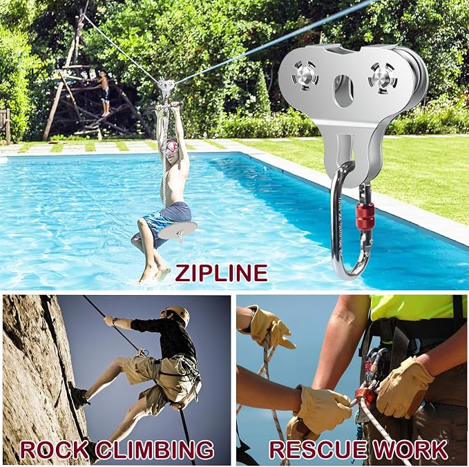 Zipline Pulley, 304 Stainless Steel Tandem Speed Double Pulley for 1/4 5/16 3/8 Cable Backyard Zipline, Hauling, Rigging and Commercial Purposes
