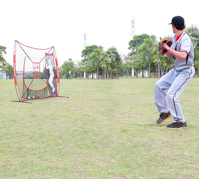 7'X7' Baseball Softball Practice Net,Pitching Net,Batting Net,with Baseball Tee,Bonus Strike Zone and Bow Frame,for Hitting,Pitching, Catching
