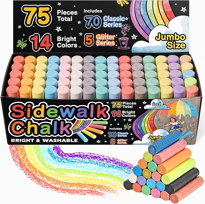 75 PCS Sidewalk Chalk for Kids - 14 Colors, 5 Glitter, Non-Toxic Washable Jumbo Chalks - Bulk Set of Outdoor Paint for Kids and Toddlers - Chalkboard Toys - Big Bucket Chalk for Party