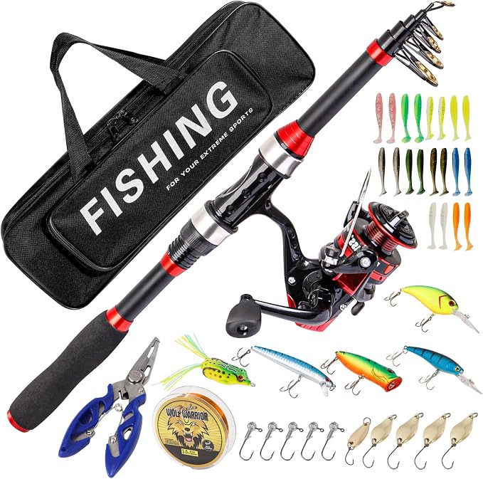 I00000 Fishing Rod and Reel Combos with Fiberglass Telescopic Fishing Pole - Spinning Reel Fishing Carrier Bag, Freshwater and Saltwater Fishing Rod Kit,Travel Fishing Kit for Bass Trout