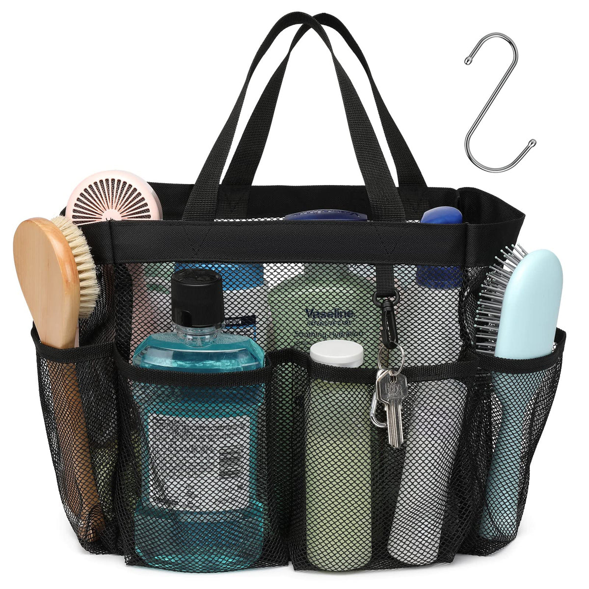 F-color Mesh Shower Caddy Portable, Upgrade Deeper 7 Pockets Shower Bag Basket Tote for College Dorm Room Toiletry Bathroom Essentials Gym Camp Quick Dry 2 handles with S Hook, Black