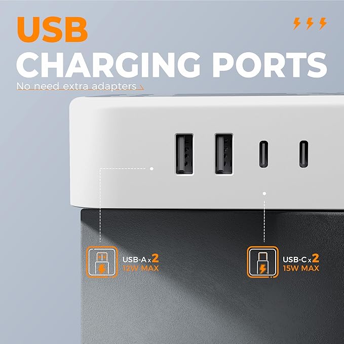 TESSAN 15 ft Extension Cord Surge Protector Power Strip, 12 Outlet Extender with 4 USB (2 USB C), 1800 Joules Protection, Flat Plug, Flat Extension Cord with Multiple Outlets, for Home, Office, Dorm