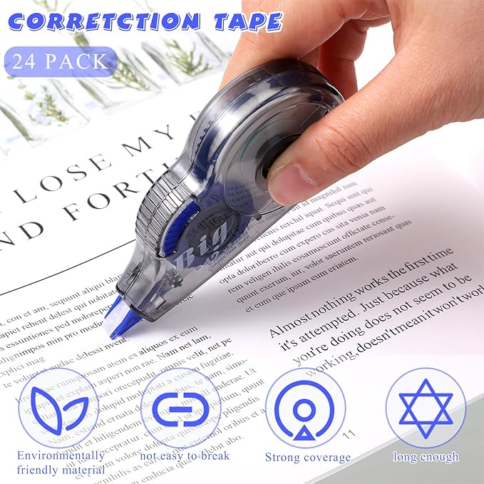 Chivao 24 Pack White Correction Tape, Classroom Correction Tape Wipe out Easy to Use Applicator Translucent Dispenser Shows for School Office Note Journal, 0.2 Inch x 39.4 Feet