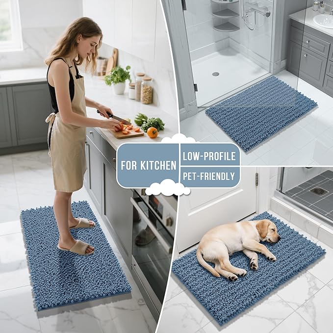 Yimobra Bathroom Rugs Non Slip Washable 32x20 Inch - Ultra Soft Absorbent Chenille Bath Mat, Quick Dry Shaggy Floor Carpet for Tub Shower, Denim Blue Home Decor Accessories