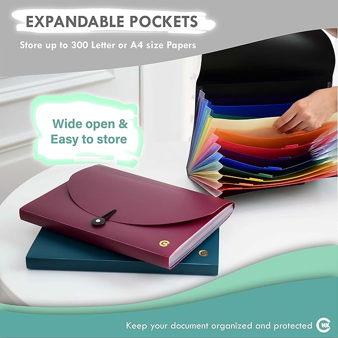 CNK File Folders Organizer with 13 Pockets Accordion Expanding Folder For Documents Receipt Document Paper Pocket Filing Products Accordian Important expandable holder files alphabetical Labels Letter