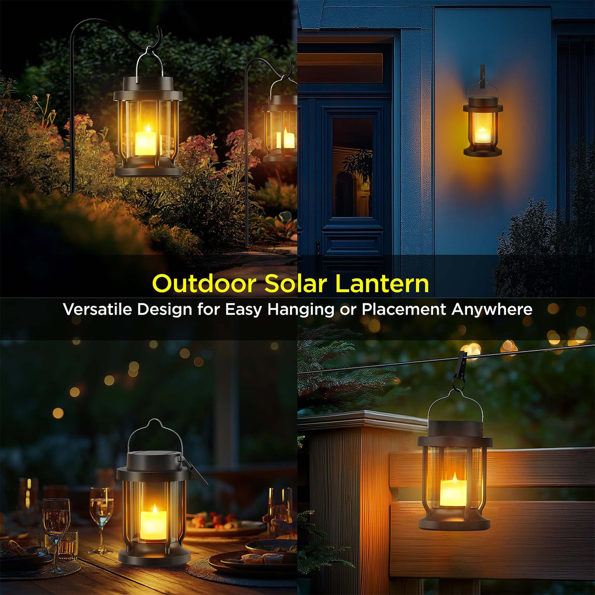 Solar Lantern Outdoor Indoor Use – Hanging Solar Lights with Realistic Flickering Flameless Candle, Weatherproof for Garden Decor, Patios, Trees, and Lawns (Black, 2 Pack)