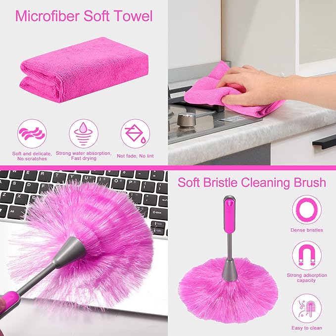 Microfiber Dusters for Cleaning, Feather Dusters with Extension Pole, Bendable & Washable Dusters for High Ceiling Fan, Blinds, Cars, Furniture, Cleaning Tools Kit Pink Gift for Women (15 PCS)
