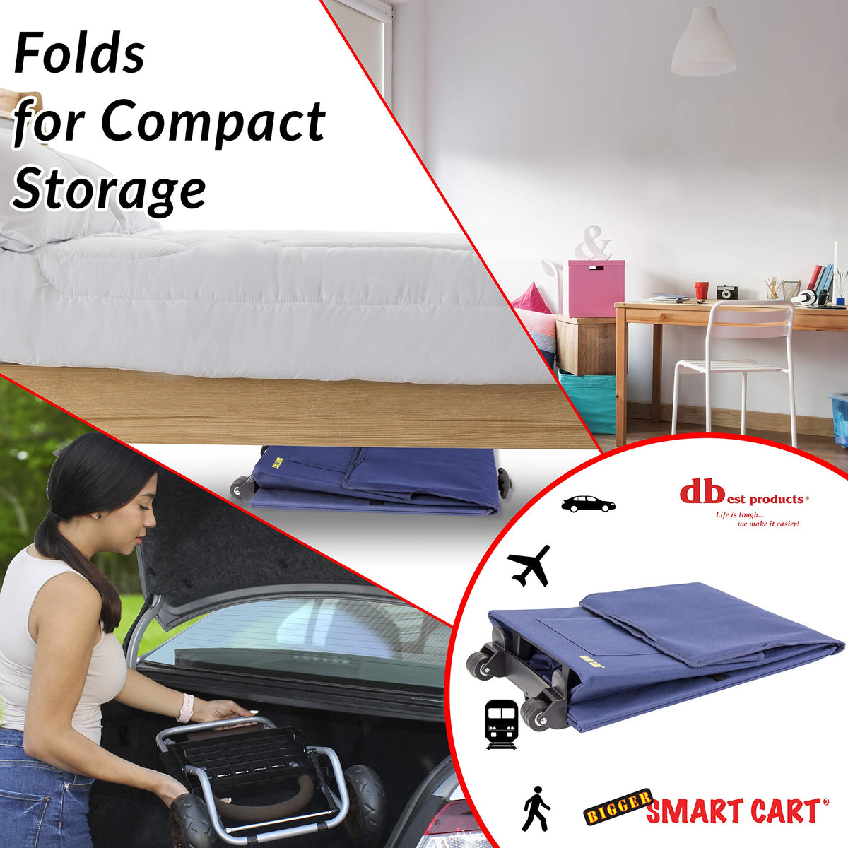 dbest products Bigger Smart Cart, Blue Collapsible Rolling Utility Cart Basket Grocery Shopping Teacher Hobby Craft Art