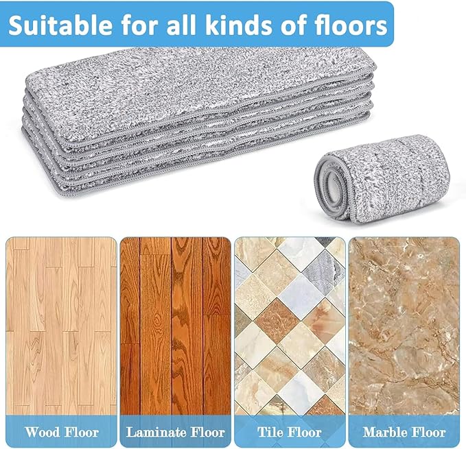 Microfiber Mop Pads Flat Replacement Heads for Wet/Dry Mops Washable Reusable Refills Compatible with Floor Care System Floor Cleaning and Scrubbing (6 Pack 13" x 4.9")