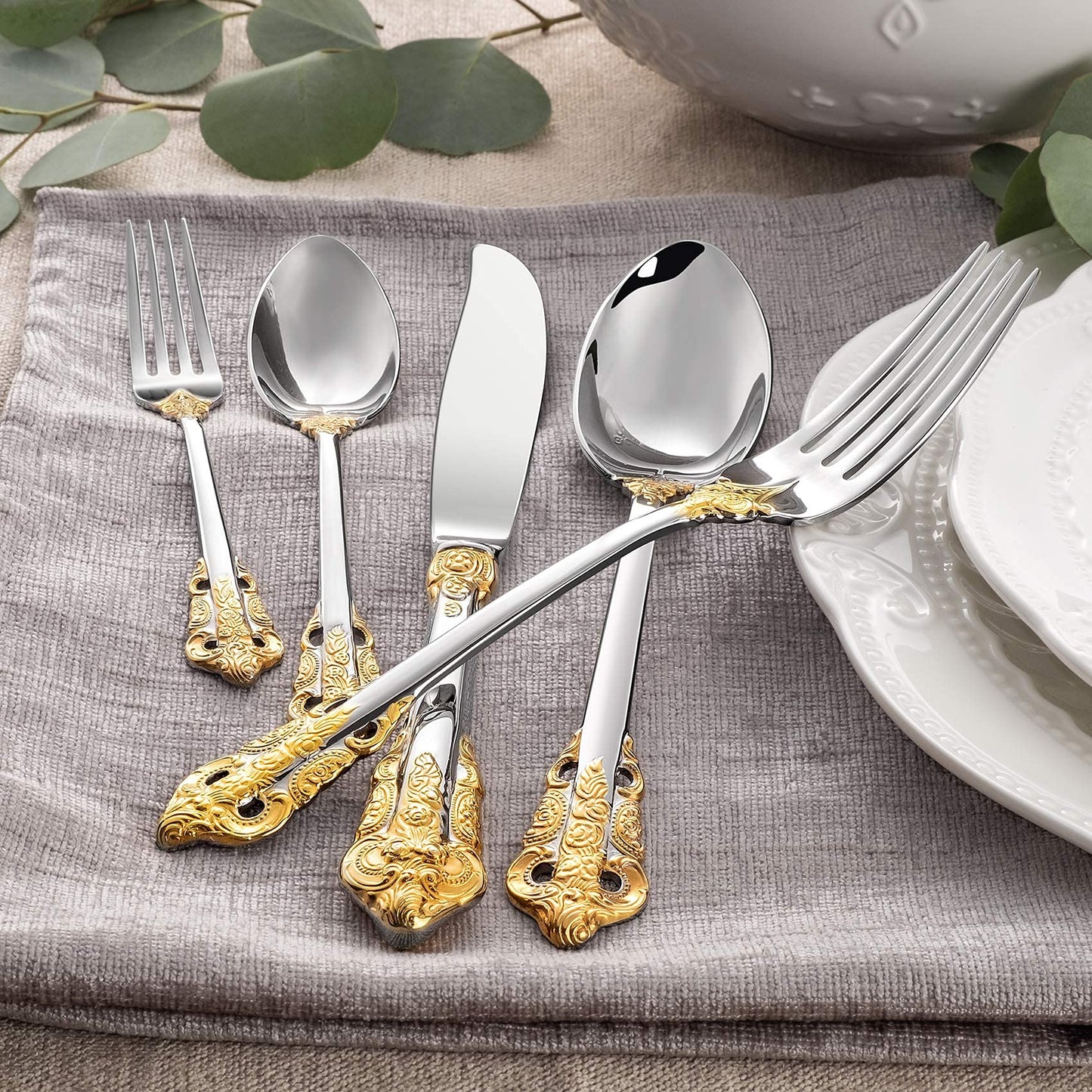 KEAWELL Gorgeous Dinner Knife, Set of 4, 18/10 Stainless Steel, Mirror Polished, Luxury Dinner Knife Set. (Gold Accent)