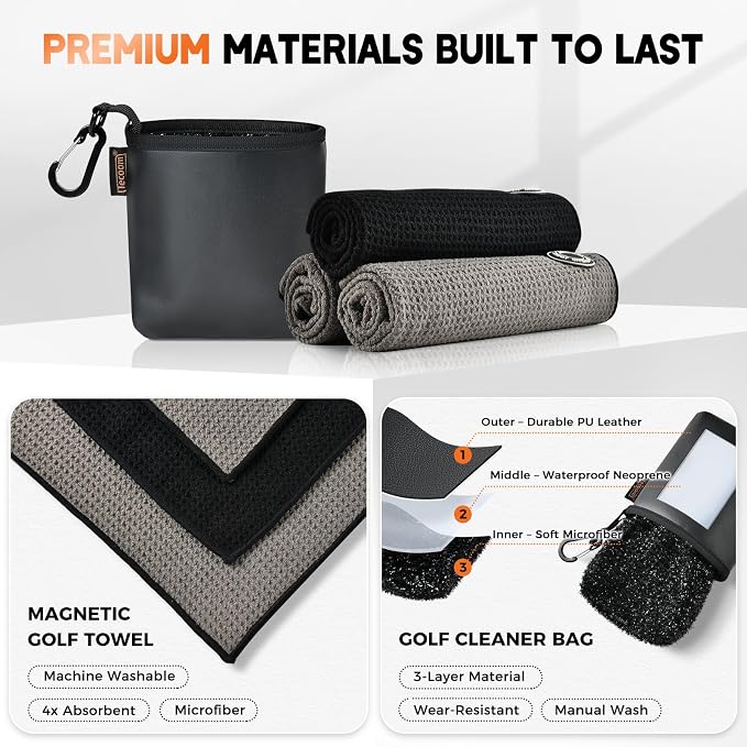 Tecoom Magnetic Golf Towel-Black, Premium Ultra Absorbent Waffle Microfiber, Golf Club and Ball Cleaning Bag with Three-Layer Waterproof Fabric Technology