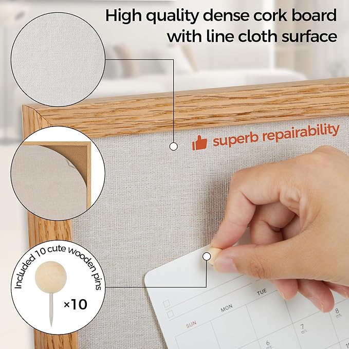 Fun Memories Cork Board Bulletin Board for Office, 20" x 30" Oak Wooden Framed Corkboard, Wall Mounted Notice Pin Board for School Home & Office, Natural Wood