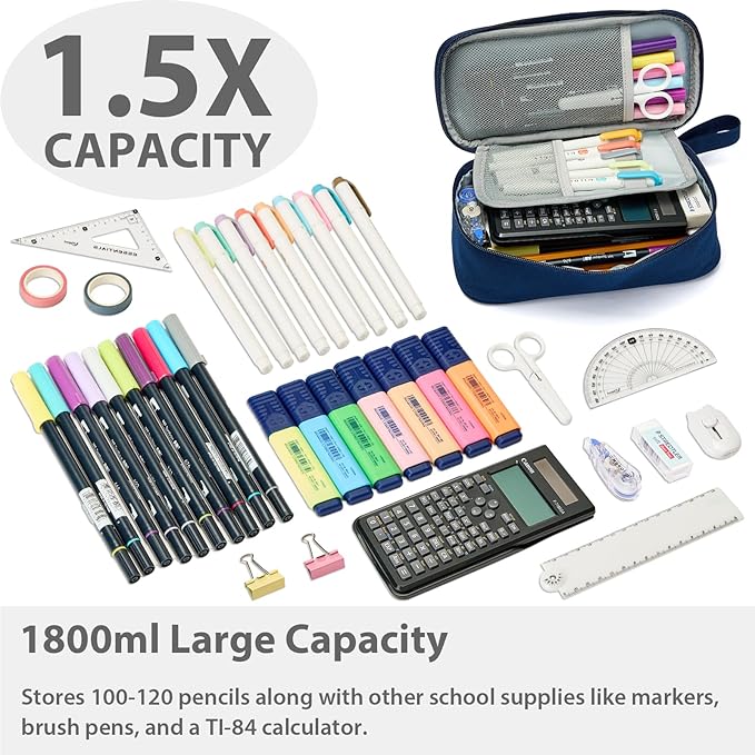 Pencil Case Pouch Box Bag School Supplies Girls Boys Kids, Cute Preppy Stuff Large Big Capacity Aesthetic Pen Organizer, Back to College Stationary, Navy Blue, Classic Stlye, 1800ml