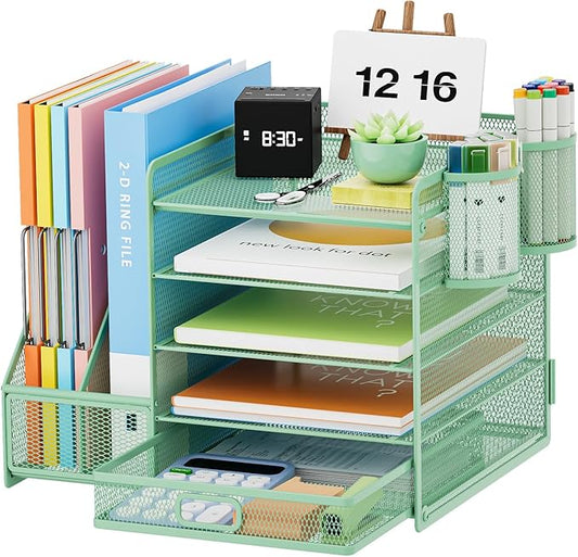 Marbrasse Desk Organizer with File Holder, 5-Tier Paper Letter Tray Organizer with Drawer and 2 Pen Holder, Mesh Desktop Organizer and Storage with Magazine Holder for Office Supplies (Green)