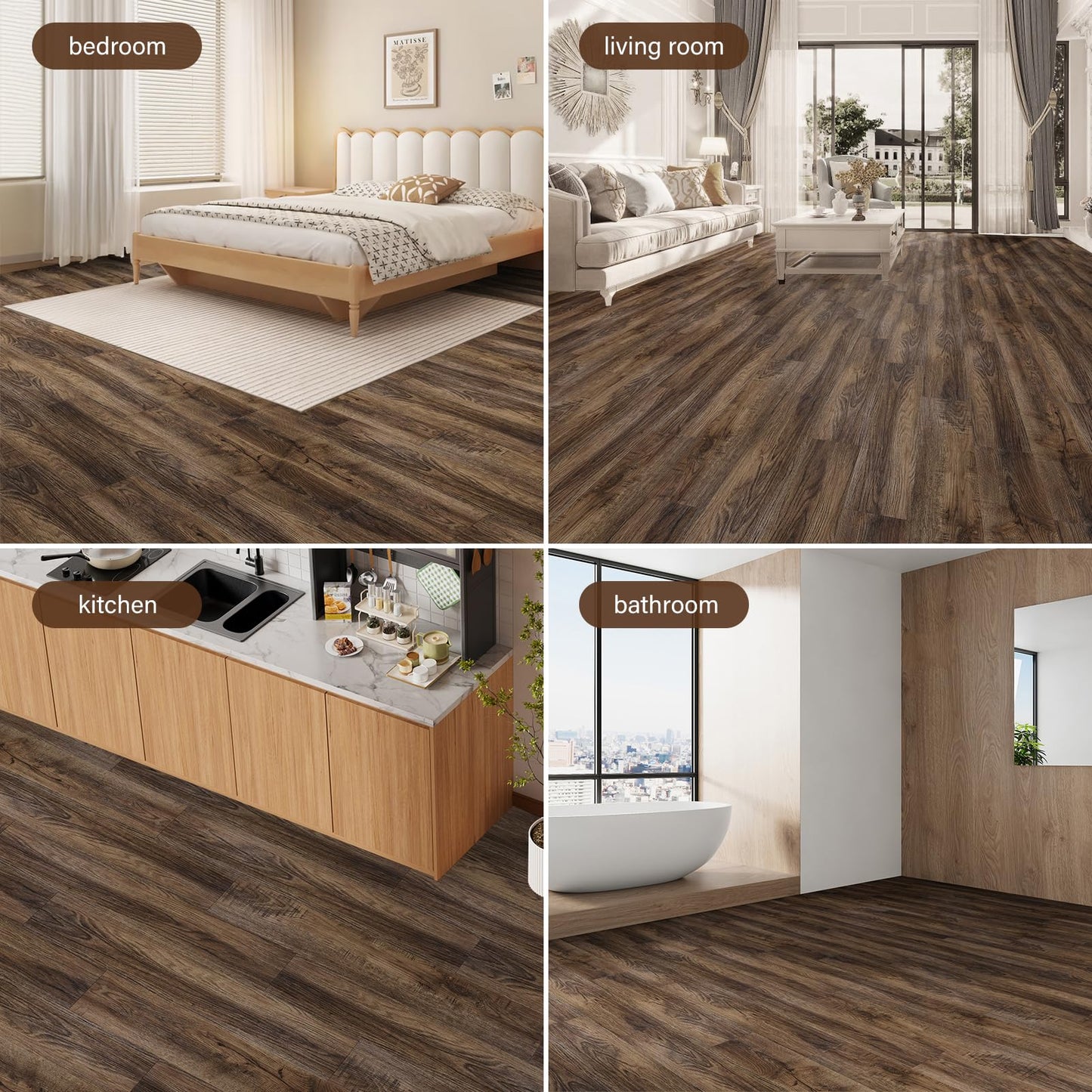 Peel and Stick Floor Tile, INMOZATA 36-Pack 54 Sq.Ft Self Adhesive Vinyl Plank Flooring Wood Grain Look 36x6 Inch Waterproof Tile Sticker for Bedroom, Living Room, Kitchen, RV (Smoked Brown)