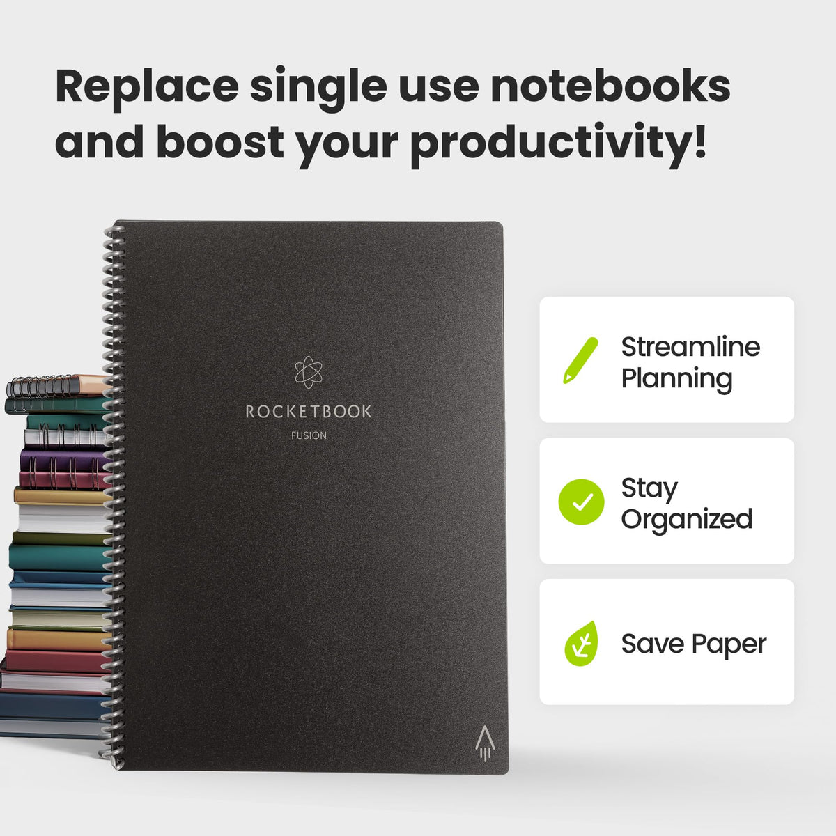Rocketbook Fusion Reusable Undated Productivity Planner, Letter Size 8.5x11, Gray - Goals, Monthly and Weekly Calendar, Daily To-do List, Lined and Dotted Notes Pages