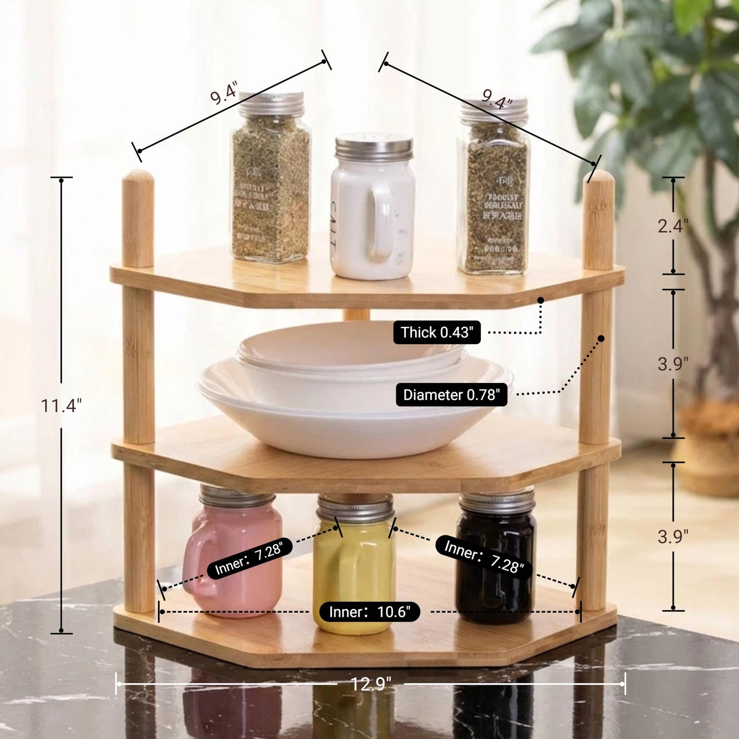 WooFawn 3-Tier Expandable Bamboo Corner Shelf - Dish/Plate Organizer for Cabinet, Kitchen Counter Shelf & Small Kitchen Shelf, Adjustable (Natural, 1-Pc 3.90" H)