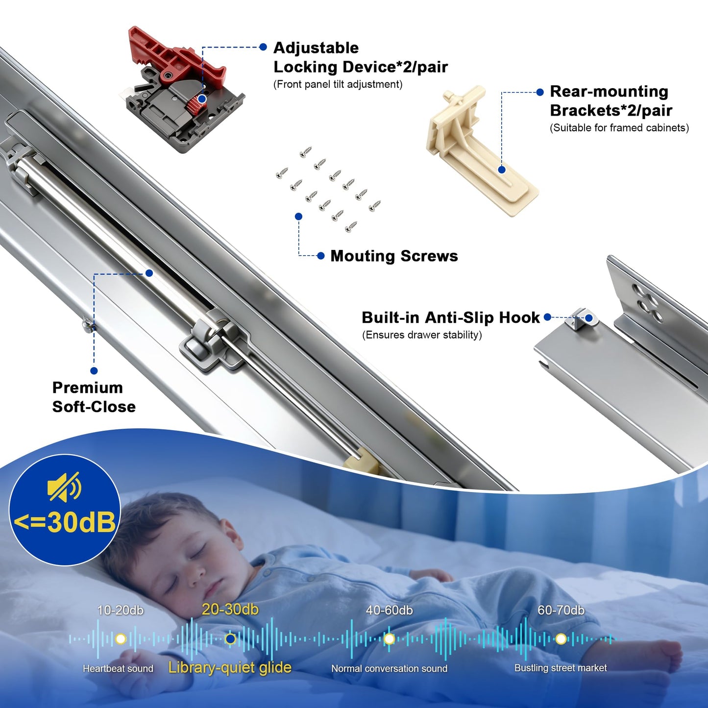 21 Inch Undermount Drawer Slides Full Extension Soft Close, 85 lb Heavy Duty, No Wobble Easy Mount Rails with All Hardware, Hidden Bottom Mount Concealed Runners for Face Frame Frameless, 1 Pair