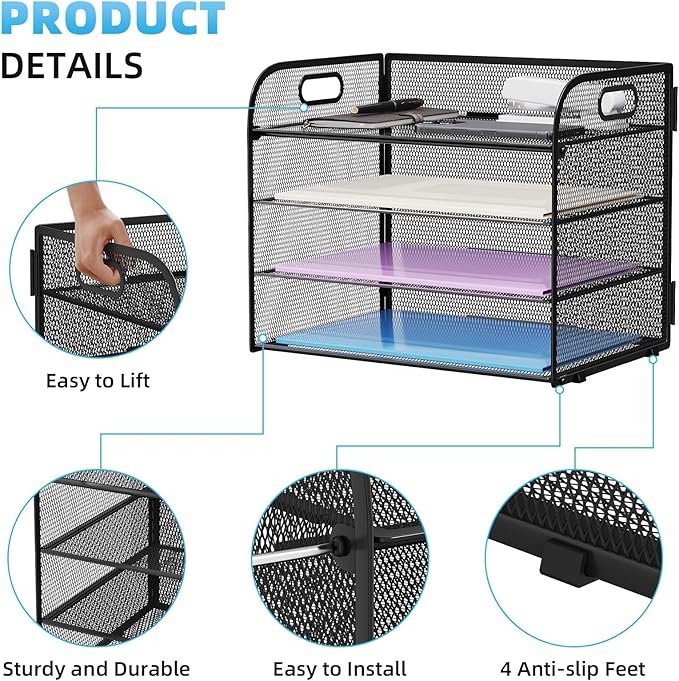 Marbrasse 2 Pack 4 Tier Paper Organizer Letter Tray - Mesh Desk File Organizer with Handle, Paper Sorter Organizer for Letter/A4 Office File Folder Holder (Black, 12.6" x 9.1" x 10.7")