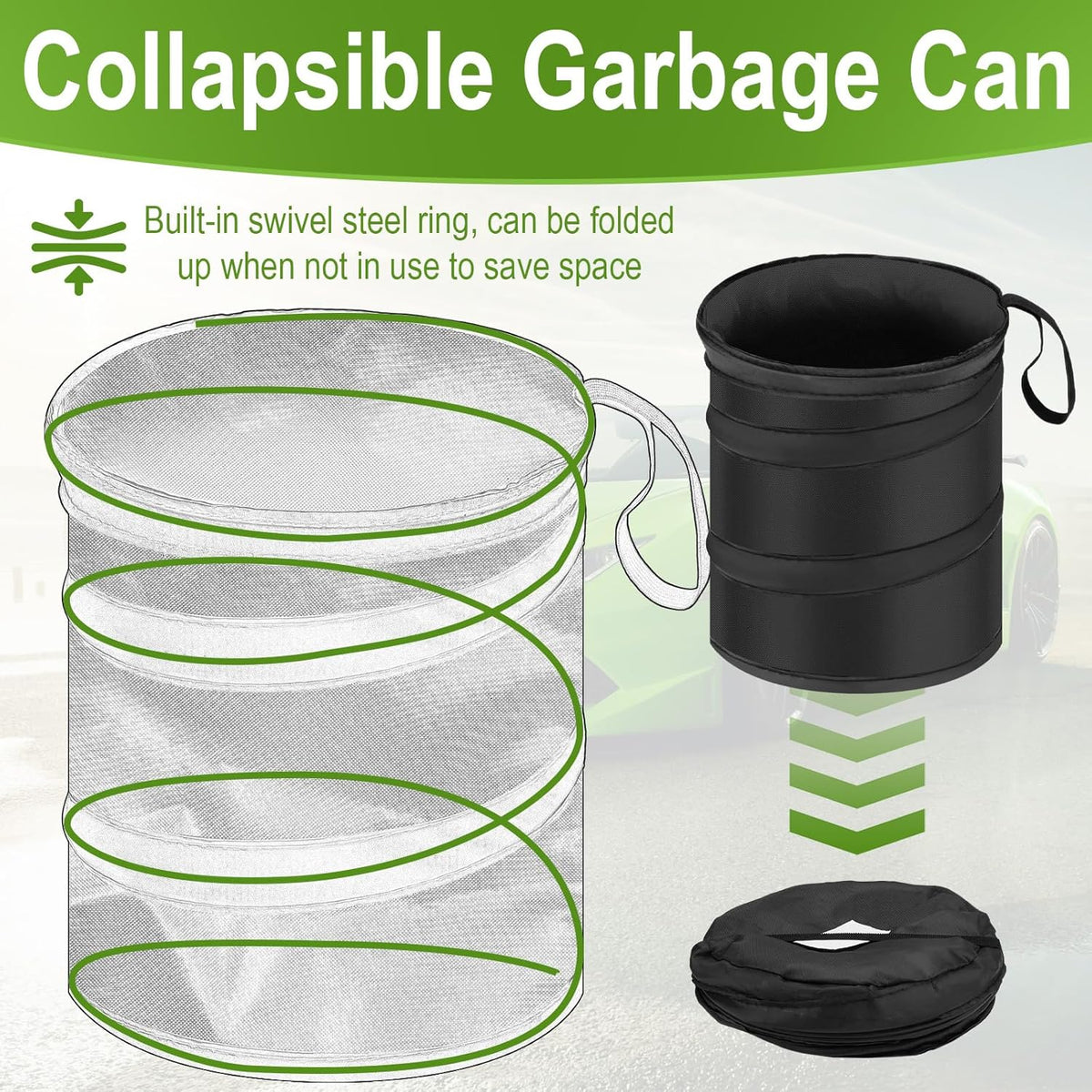 2 PCS Car Trash Can, Collapsible Pop-up Car Garbages Can, Portable Garbage Bin with Elastic Band, Small Garbage Can for Back Seat Front Seat, for Outdoor Traveling & Home Use
