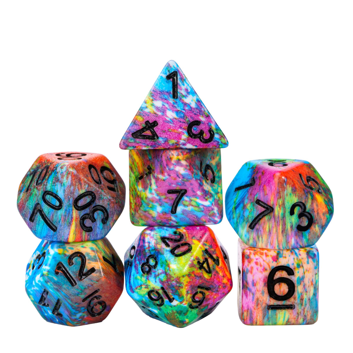 HDdais 7-Die Resin DND Dice Set, Vibrant Watercolor Pattern D&D Dice for Dungeons and Dragons, RPG Tabletop Games - Includes D4, D6, D8, D10, D12, D20, D%