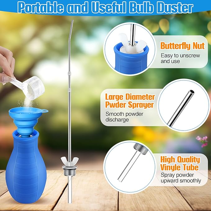 Diatomaceous Earth Powder Duster, Longer 9" to 22" Retractable Garden Powder Applicator Dispenser, 8 oz Bulb Duster Sprayer Insect for Home Organic Gardening Agricultural Supply (Blue,2 Pcs)