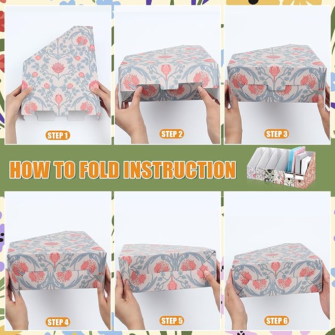 PerKoop 12 Pcs Magazine File Holder Foldable Decorative Cardboard File Folders 6 Patterns Floral Colored Magazine Rack with Printable Sticker Labels for School Office Home Desk (Floral)