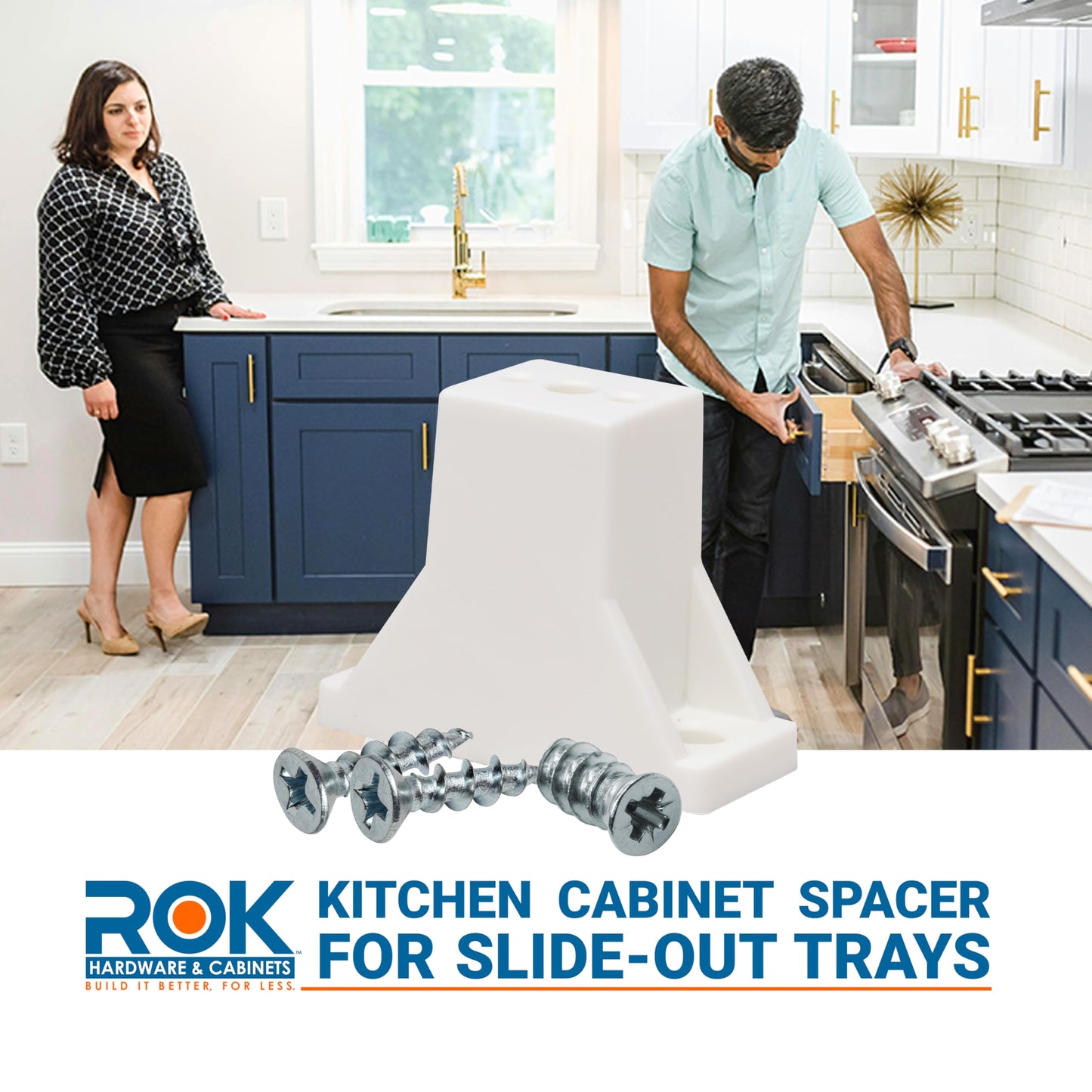 20 Pack Rok Hardware 1-1/2" (38.5mm) Drawer Slide Cabinet Side Spacers, Plastic Kitchen Cabinet Spacer for Slide-Out Trays, Screws Included, White - R038WHT