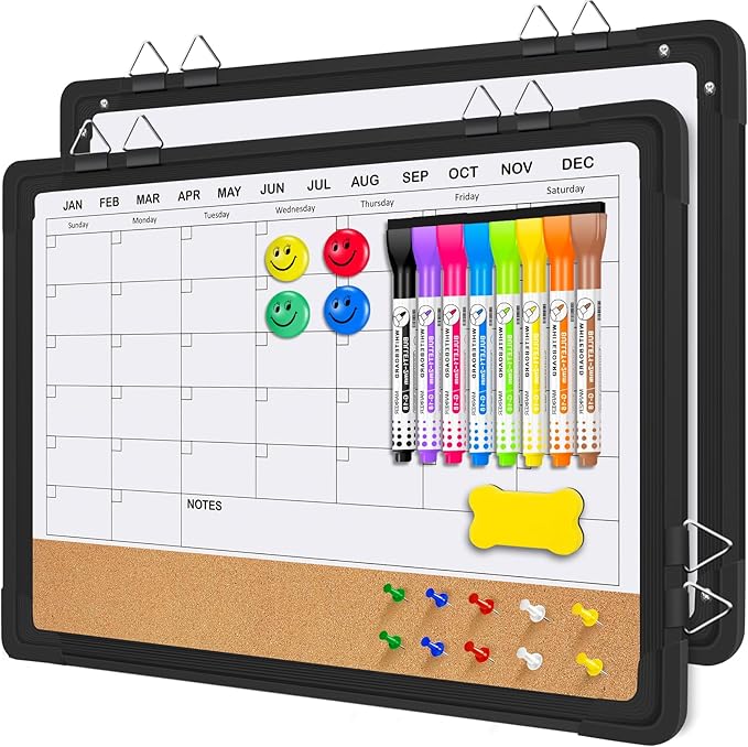 EAONE 16x12 in Double Side Whiteboard Calendar & Cork Board Combo for Wall, 3 in 1 Magnetic Dry Erase Whiteboard Monthly Calendar and Bulletin Board with Aluminum Frame for Home Office Kitchen