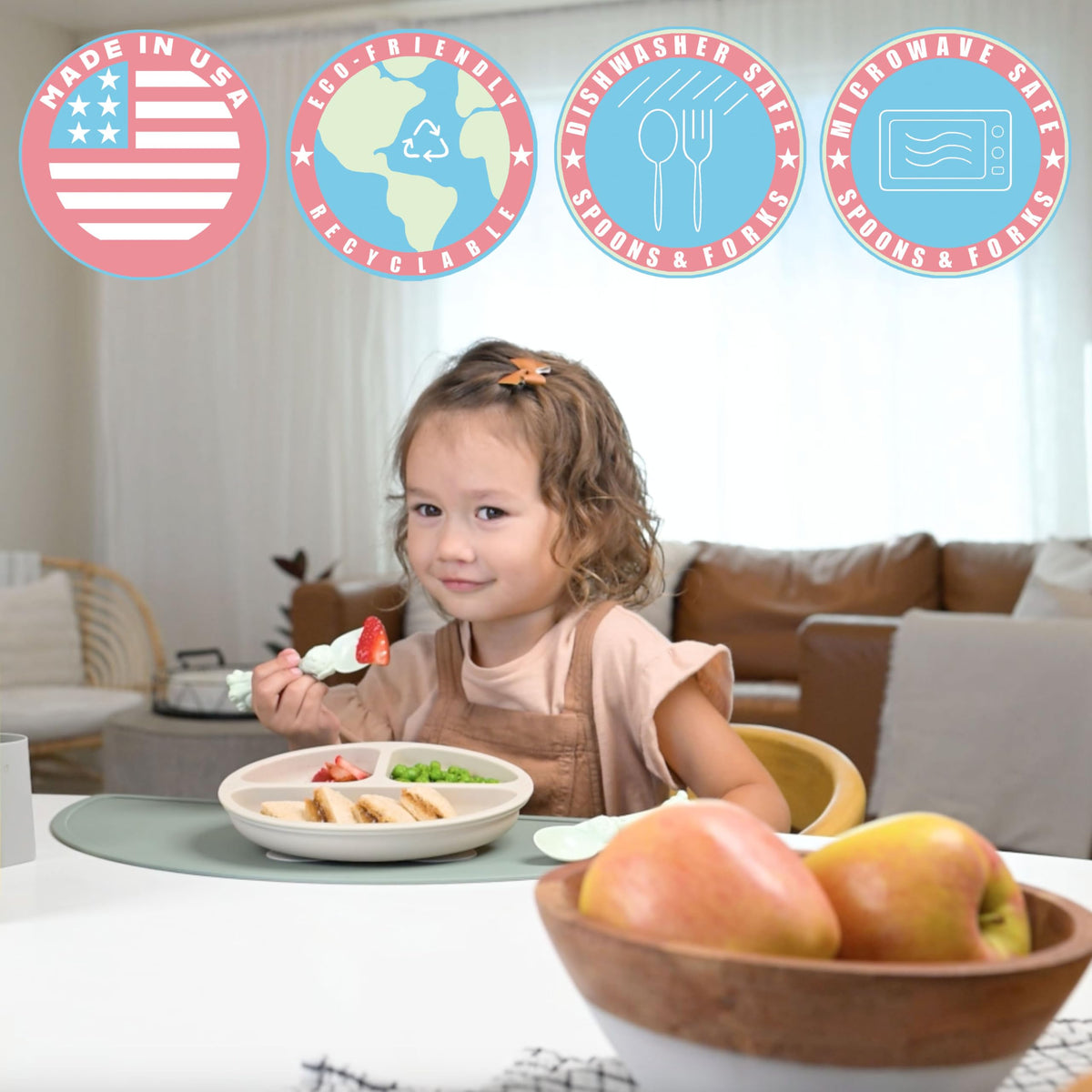 Made in USA Spoon la la Toddler Utensils Set (2 Pack) & Board Book - Spoon & Fork for Kids, Self-Standing 3D Ergonomic Cat & Dog Handles, BPA-free, Dishwasher Safe Baby Silverware (Mint Green)