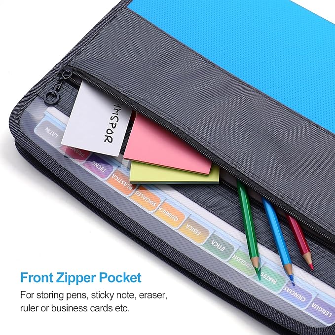 MEGREZ Expanding File Folder with 13 Pockets, A4 Paper File Folder with Zipper Color Labels, Waterproof Accordion File Folder Organizer for Home Office, Blue