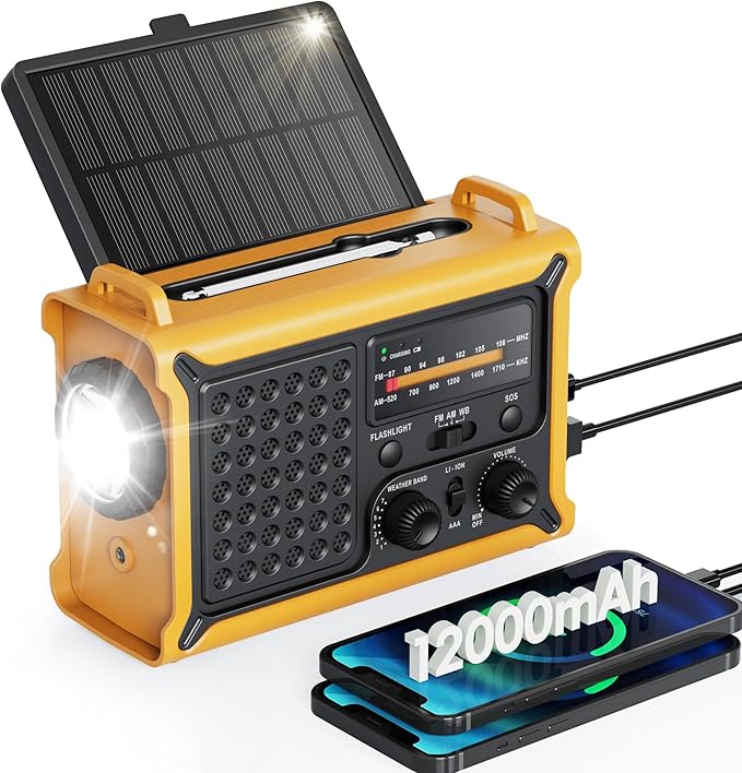 Emergency Weather Radio with Large Solar Panel, Efficient Hand Crank & Real 12000mAh Battery | AM/FM/NOAA Bands, LED Flashlight, Reading Lamp, SOS Alarm & Phone Charger for Camping, Blackout, Survival