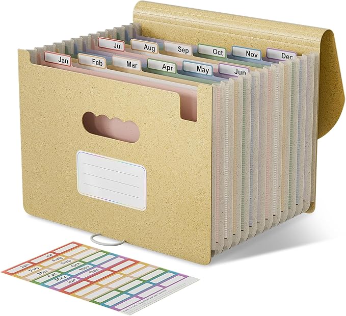 Accordion File Organizer, 13 Pockets Wheat Straw Expanding File Folder, Portable Monthly Paper Bill Tax Receipt Organizer, Letter A4 Size Document Holder with Colorful Tab - Wheat Yellow