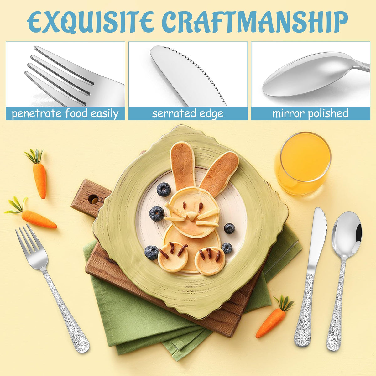 E-far 12-Piece Kids Silverware, Stainless Steel Toddler Preschooler Utensils with Adult Look, Hammered Flatware Includes 4 Forks 4 Spoons 4 Knives, Safe for Self Feeding, Non-Toxic & Dishwasher Safe