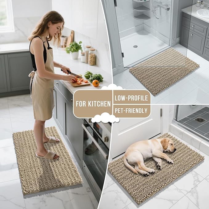 Yimobra Large Bathroom Rugs Non Slip Washable 36x24 Inch - Ultra Soft Absorbent Chenille Bath Mat, Quick Dry Shaggy Floor Carpet for Tub Shower, Pale Khaki Home Decor Accessories