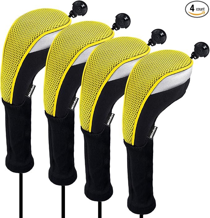 Andux 4pcs Long Neck Golf Hybrid Club Head Covers Dial No. Tag CTMT-02 | Mesh Breathable material | all the Same Size | Coloured Piping | Pull-On Closure
