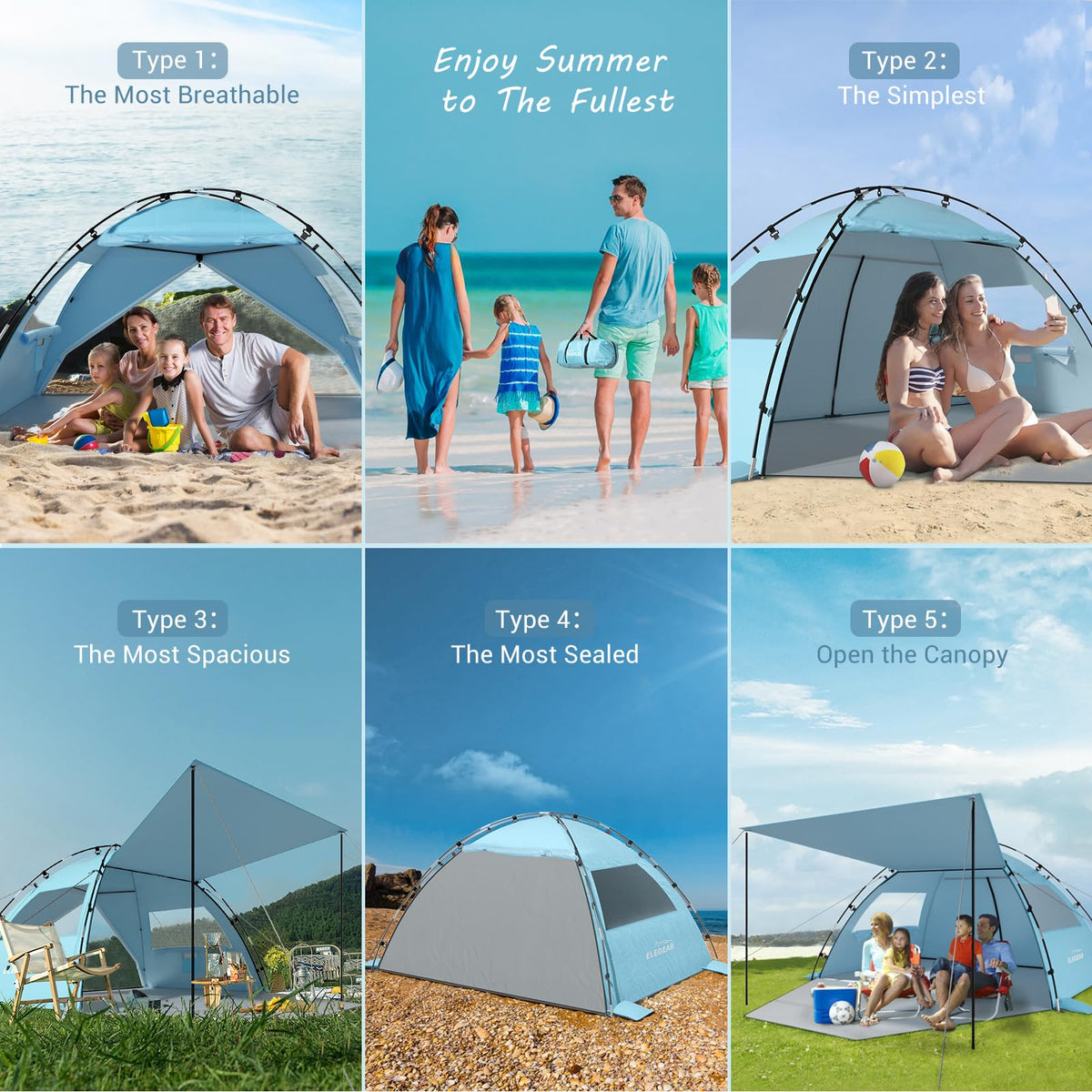 Elegear Beach Tent Sun Shelter with Canopy, 4-5 Person Pop Up Beach Tent, Easy Setup UPF 50+ UV Protection Portable Lightweight Double Silver Coating Beach Cabana Sun Shade Shelter - Sky Blue