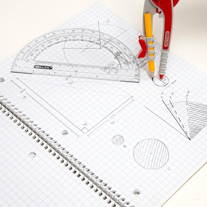 BAZIC Geometry Math Compass Set w/Scale-Arm, 6" Protractor, & HB Wood Pencil, Inch Centimeter, Mathematical Drafting Drawing Tool for Student, 4-Pack