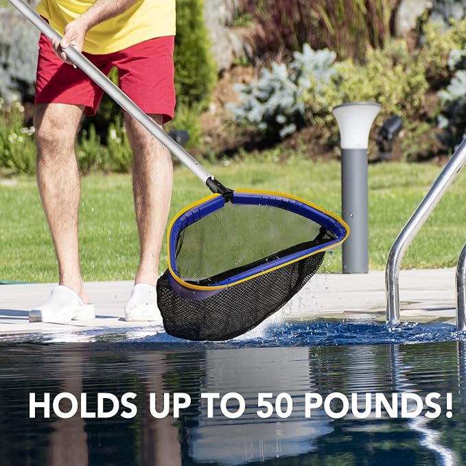 Poolvio Pool Deep Skimmer Net with 3ft - 10ft 1.0mm Thick Adjustable Aluminum Pole & Fine Mesh Bag Leaf Skimmer Rake Net for Above Ground & Inground Swimming Pools, Removes All Debris