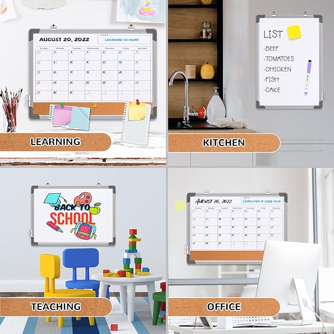 Monthly Calendar Whiteboard Dry Erase Cork Board Combination for Wall, 17"x13" Magnetic Dry Erase Board, Double-Sided White Board, Portable Board for Office, Kitchen, Planning, Memo, School, Home