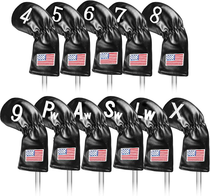 Golf Iron Covers Set US Flag Leather for Irons Value 11 Pack, Long Neck Protector Number Headcover, Universal Head Cover Fit Main Iron Clubs for Men Women Golfer
