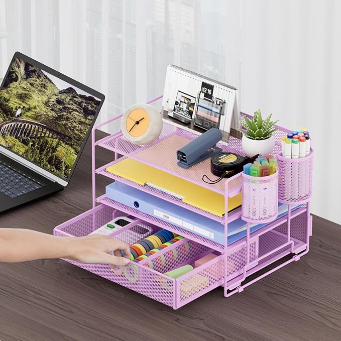 Marbrasse 4-Trays Desk File Organizer with 2 Pen Holder, Desktop Hanging File Holder with Drawer, Paper Letter Tray Organizer (Purple)