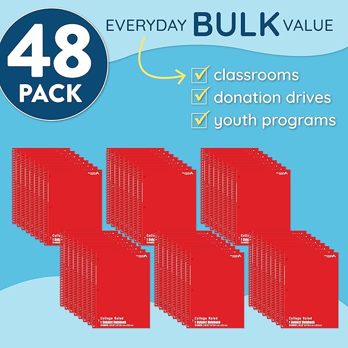 Blue Summit Red Spiral Notebooks Bulk, One Subject Spiral Notebook College Ruled, Perforated Notebook, 8 x 10.5 for Work and School, Paper, College Ruled, Bulk 48 Pack