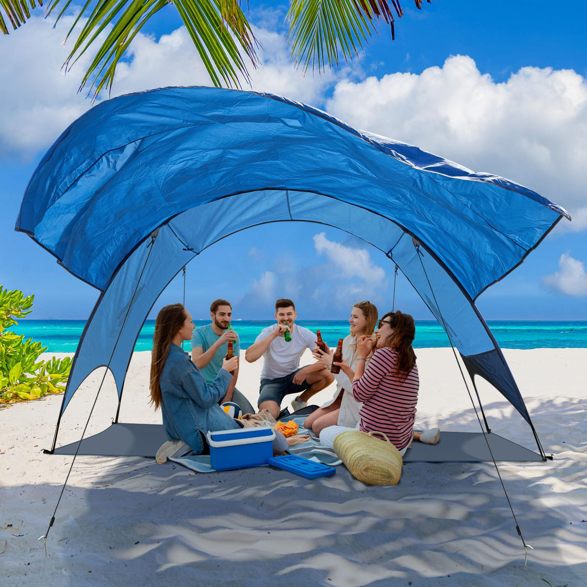 Beach Tent - Beach Shade Canopy Compact Fold (16.9x3.9″), Own Patent, 360° Ventilation, Large Side Storage Pocket, UV Protection Portable Sun Shelter for Beach (Blue, 106*65*61″ with 74.8*98.4″ sail)
